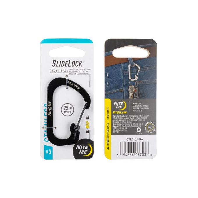 SlideLock Stainless Steel Ocelová karabina s pojistkou, černá, velikost 3