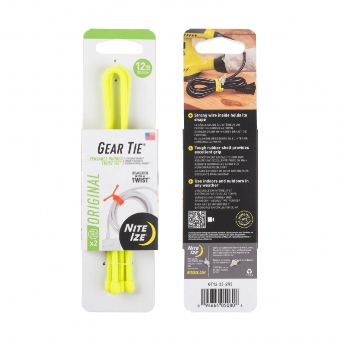 GEAR TIE® REUSABLE RUBBER TWIST TIE™ (2pcs), Yellow NEON - length 12"
