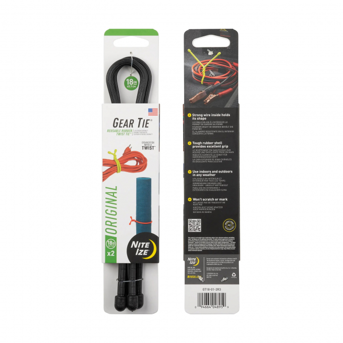 GEAR TIE® REUSABLE RUBBER TWIST TIE™ (2pcs), Black - length 18"